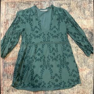 Anthropologie Teal Embroidered Blouse